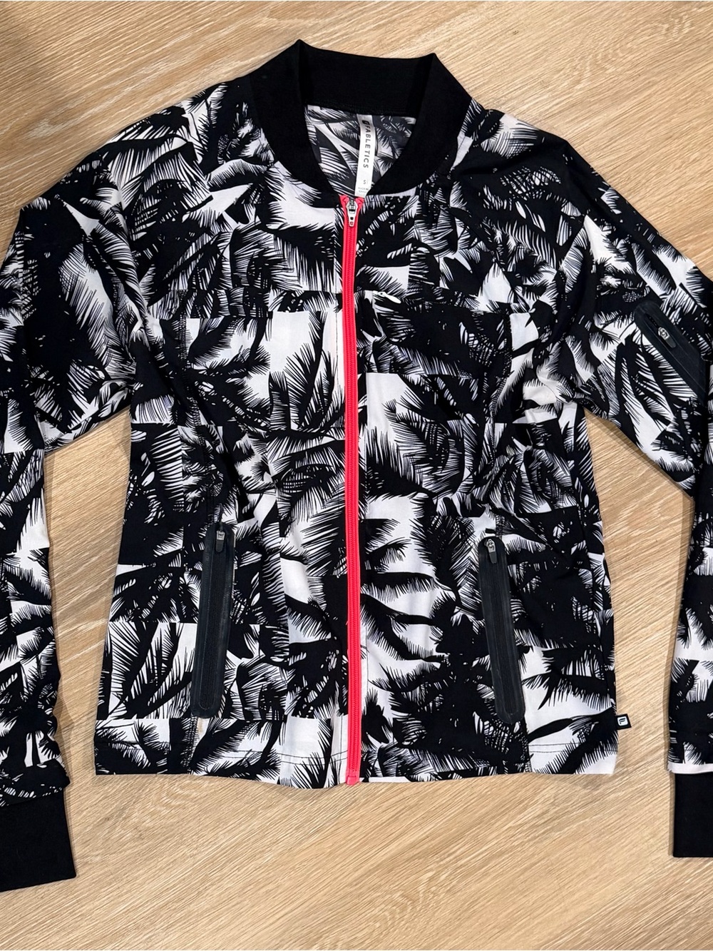 Fabletics Black & White Palm-Print Bomber Jacket with Red Zip